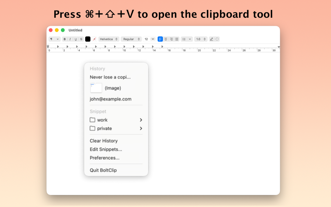 BoltClip screenshot: clipboard history and snippets menu