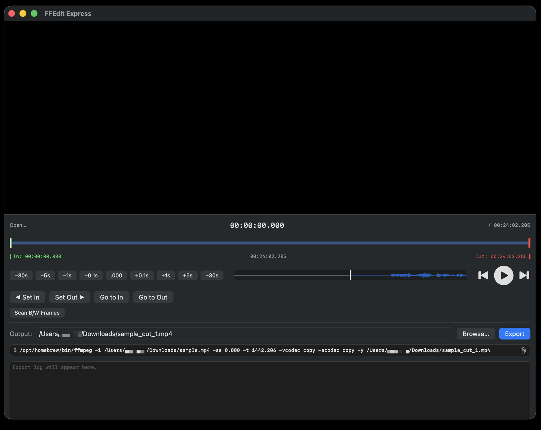 FFEdit Express screenshot: set in and out points on the timeline, then export the range losslessly with ffmpeg