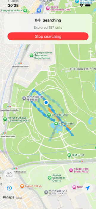 GridFinder screenshot: explored area shaded onto the map while searching