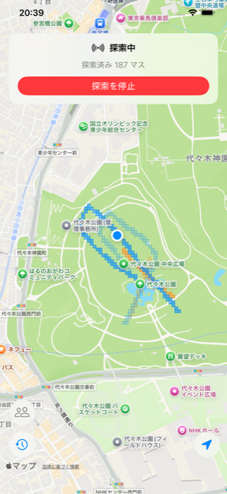 GridFinderのスクリーンショット: 探索中に地図へ塗りつぶされていく探索済みエリア