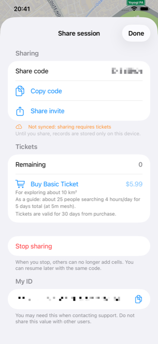 GridFinder screenshot: sharing a session code for collaborative search