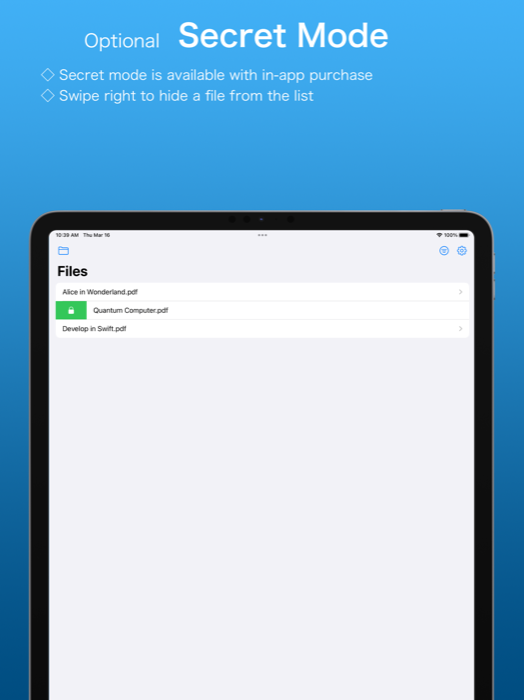 Lucid Reader screenshot: optional Secret Mode for hiding files from the list